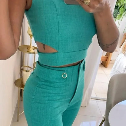 Women Elegant Round Neck Solid 2 Pieces Set Summer Streetwear Pant Sets Tight Hollow Out Sleeveless High Waist Long Pants Suits