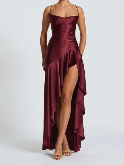 New in Summer Elegant Spaghetti Strap Satin Split Maxi Dress Women Sexy Backless Bodycon Party Evening Dress Summer Hol