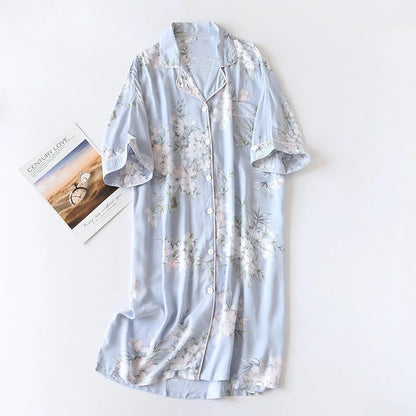 Soft Floral Print Nightgown Comfortable Half-Sleeve Lapel Sleepdress Gentle Style For Women's Homewear Sleepwear Summer Comfy