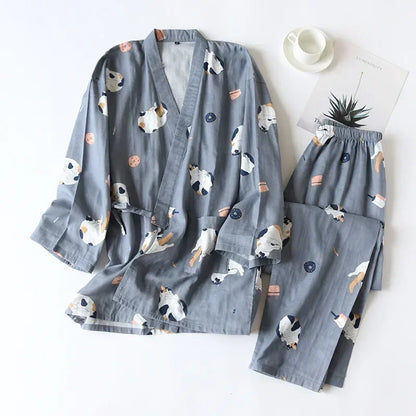 2025 new seven-sleeve Japanese-style kimono pajamas set female spring and autumn 100% cotton gauze home clothes cute sweet two-p