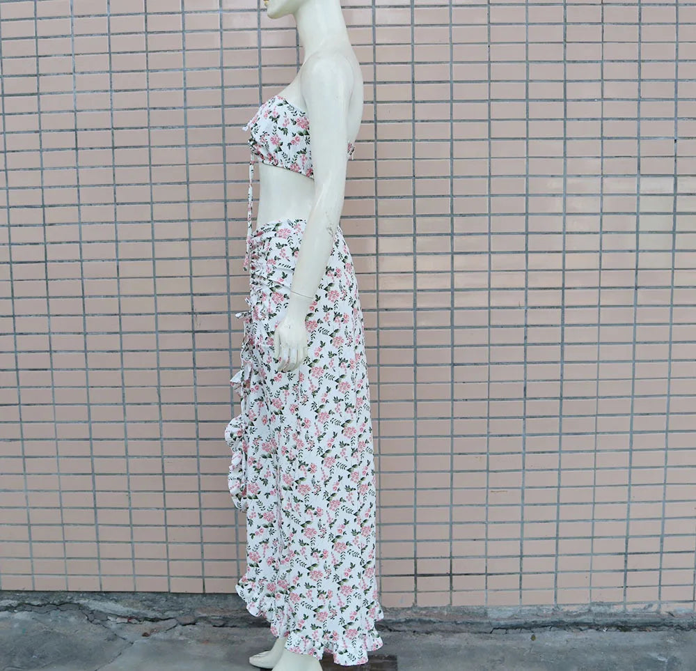 Printed Two-piece Sets Woman Summer 2024 Sexy Pleated Ruffled Edge Dress and Sleeveless Vest Suit for Female New Streetwear