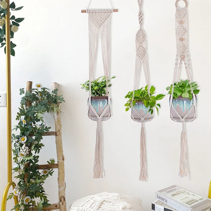 Gardening Plant Hanging Basket Handmade Macrame Flowerpot Pocket Cotton Rope Flower Pot Indoor Home Boho Style Yard Wall Decor