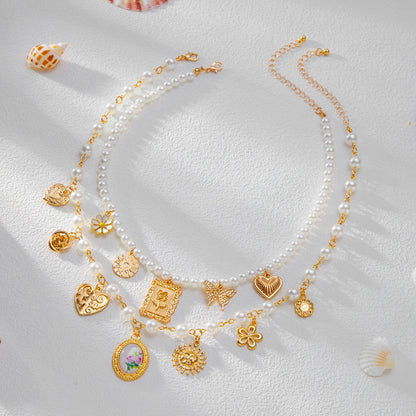 Salircon 2Pcs/Set Butterfly Sunflower Heart Pendant Necklace for Women luxury Imitation Pearl Charm Statement Choker Jewelry