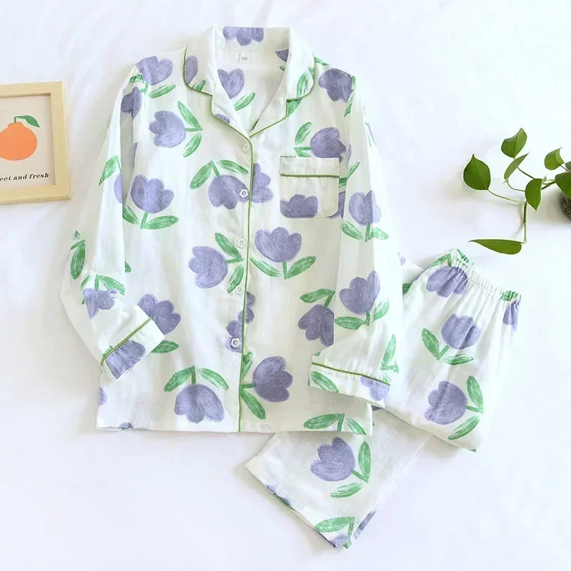 2025 kimono femme maple leaf pajama sets women 100% gauze cotton long sleeve casual sleepwear women pyjamas autumn hot sale