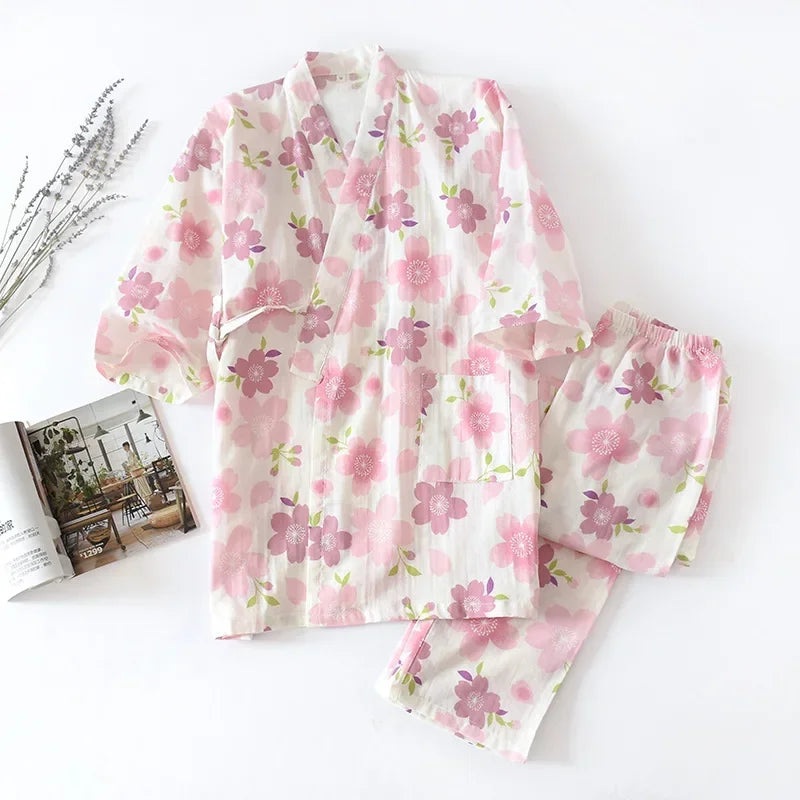 2025 new seven-sleeve Japanese-style kimono pajamas set female spring and autumn 100% cotton gauze home clothes cute sweet two-p