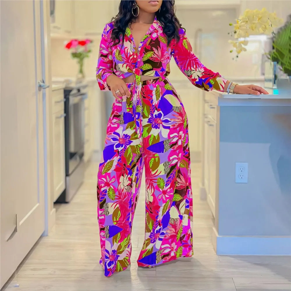 Fashion Printed Shirt Long Sleeve Women's Suit Spring Autumn Fashion Lace Up Tops Slim Elegant Female Straight Pants 2 Piece Set
