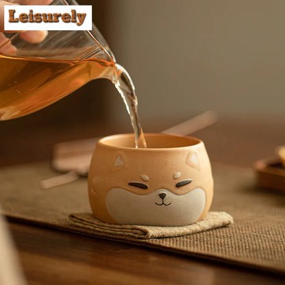 130ML Cartoon Hand Drawn Shiba Inu Teacup Zen Tea Bowl Water Jug Fragrance Cup Chazhan Cute Dog Master Cups Coffee Mugs Teaware