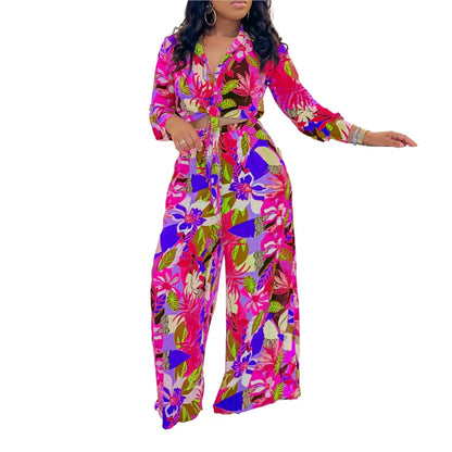 Fashion Printed Shirt Long Sleeve Women's Suit Spring Autumn Fashion Lace Up Tops Slim Elegant Female Straight Pants 2 Piece Set