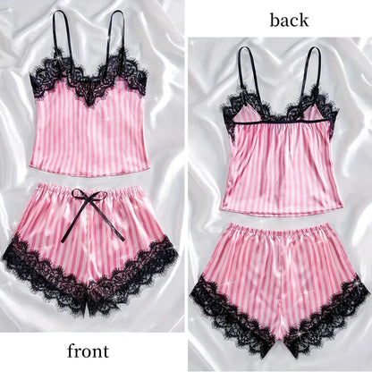 Women's Summer Thin Pajama Set Pink and White Stripes Fabric Soft and Smooth Pajama Set ﻿