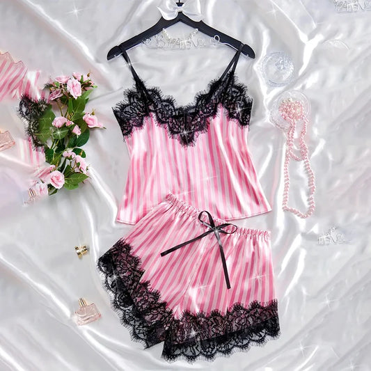 Women's Summer Thin Pajama Set Pink and White Stripes Fabric Soft and Smooth Pajama Set ﻿