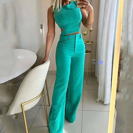 Women Elegant Round Neck Solid 2 Pieces Set Summer Streetwear Pant Sets Tight Hollow Out Sleeveless High Waist Long Pants Suits