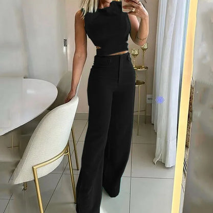 Women Elegant Round Neck Solid 2 Pieces Set Summer Streetwear Pant Sets Tight Hollow Out Sleeveless High Waist Long Pants Suits
