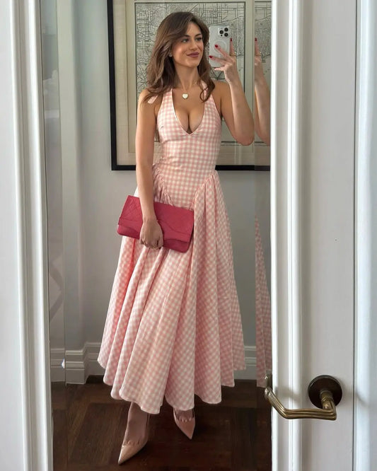 YENKYE  Summer Women Sexy Backless Pink Plaid Halter Dress Low Waist Elegant Party Dresses Holiday Robe