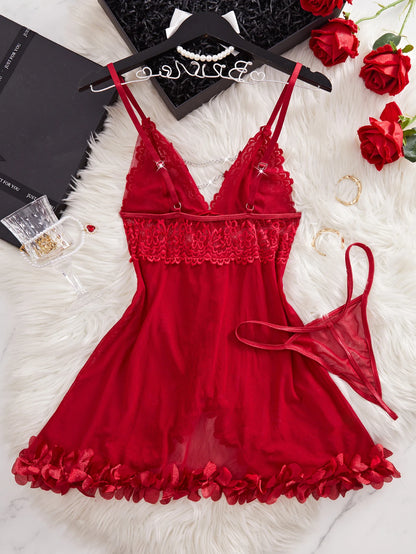 Women Sexy Nightwear Night Dress Women Hollow-out Sexy Nightwear Plus Lace Nightgown Sleepwear Dress G-String Sexy Lingerie Robe