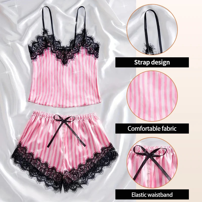 Women's Summer Thin Pajama Set Pink and White Stripes Fabric Soft and Smooth Pajama Set ﻿