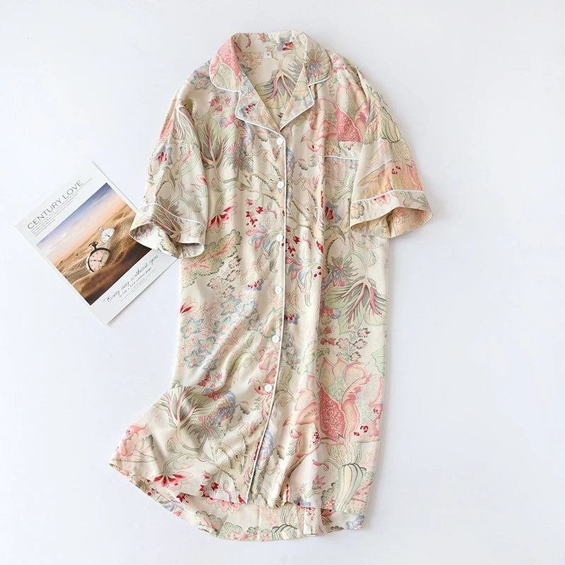 Soft Floral Print Nightgown Comfortable Half-Sleeve Lapel Sleepdress Gentle Style For Women's Homewear Sleepwear Summer Comfy