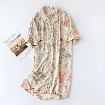 Soft Floral Print Nightgown Comfortable Half-Sleeve Lapel Sleepdress Gentle Style For Women's Homewear Sleepwear Summer Comfy