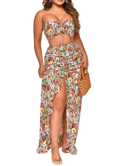 Printed Two-piece Sets Woman Summer 2024 Sexy Pleated Ruffled Edge Dress and Sleeveless Vest Suit for Female New Streetwear