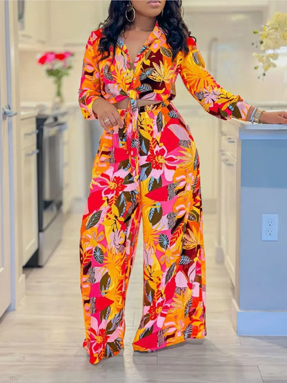 Fashion Printed Shirt Long Sleeve Women's Suit Spring Autumn Fashion Lace Up Tops Slim Elegant Female Straight Pants 2 Piece Set