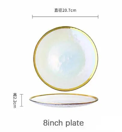Ins Gold Gdge Glass Plate Bowl, Nordic Tableware, Steak Plate Creative Tray, Fruit Salad Transparent Colorful Plates, 1 piece