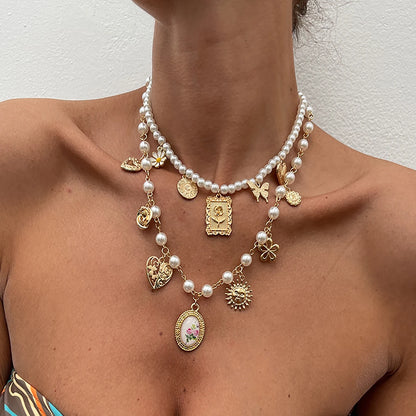 Salircon 2Pcs/Set Butterfly Sunflower Heart Pendant Necklace for Women luxury Imitation Pearl Charm Statement Choker Jewelry