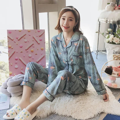 Four Seasons Women Pajamas Set with Lapel Top and Long Pants Checkered Striped Printed 2 Piece Set Ladies Nightwear Homewear
