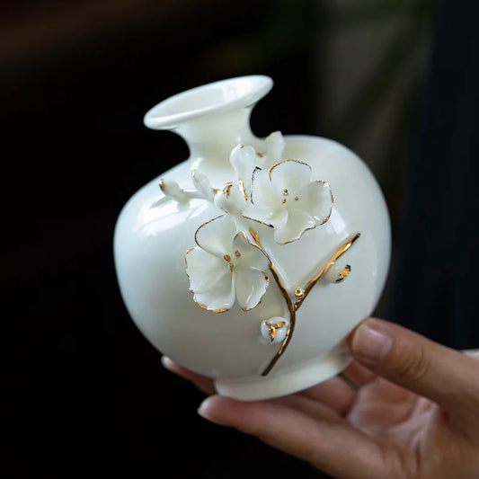 White Porcelain Vase Handmade Plum Blossom Vase Vintage Ceramic Flower Vases Aesthetic Sculpture Home Office Decor Wedding Gifts