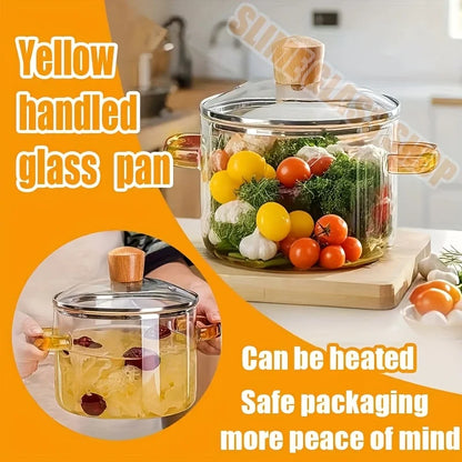 50.72-ounce borosilicate glass cookware with a lid – dual yellow handles