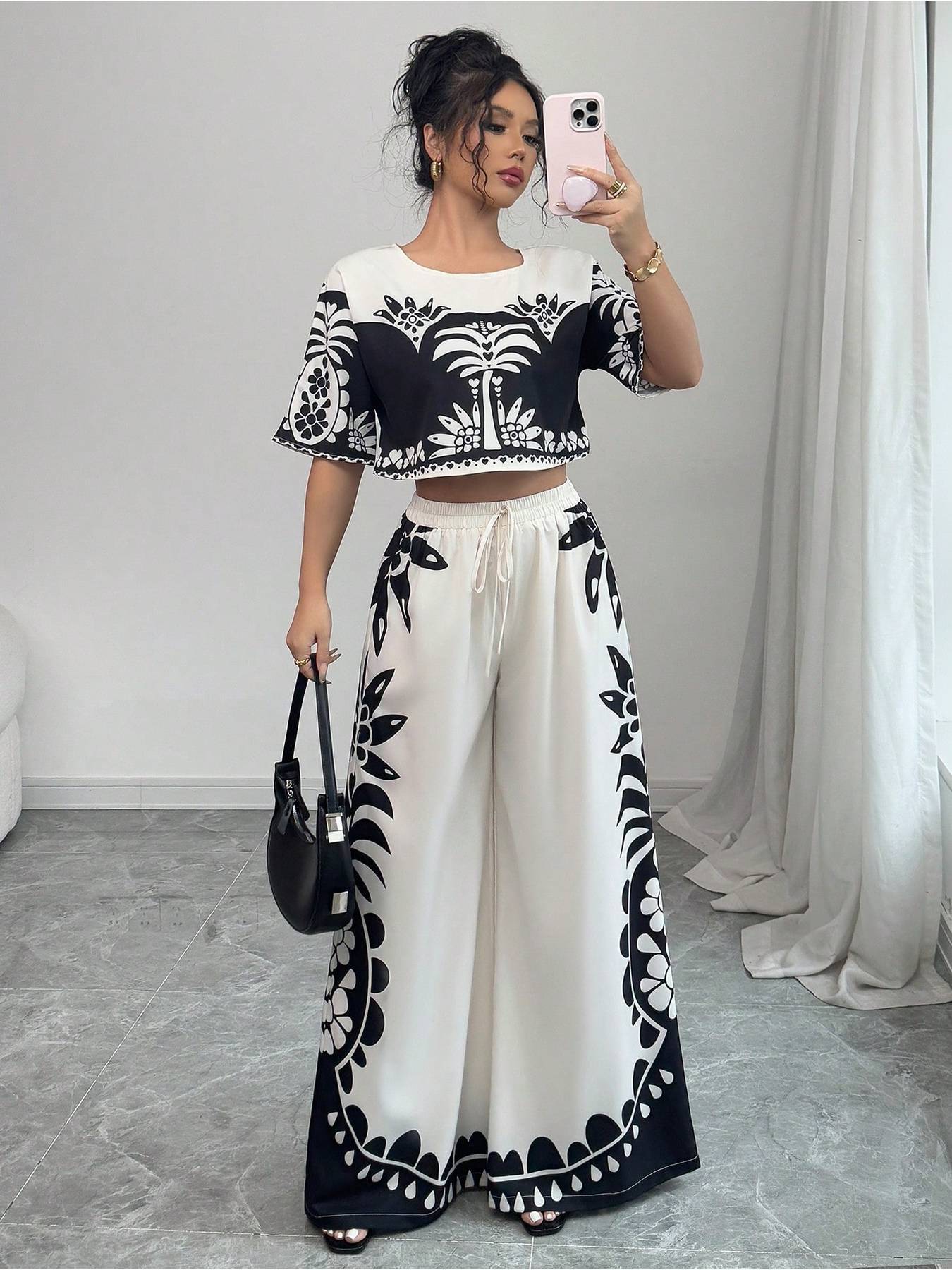 Digital Printing Positioning Floral Wide-Leg Pants Two-Piece Set