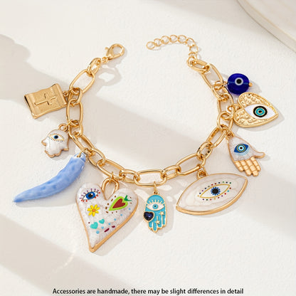 1pc Elegant Zinc Alloy Bracelet with Evil Eye, Hamasa Hand, Glass Beads & Cross Charm - Versatile Party Accessory for Women, Ideal for Music Festivals - All Seasons Wear