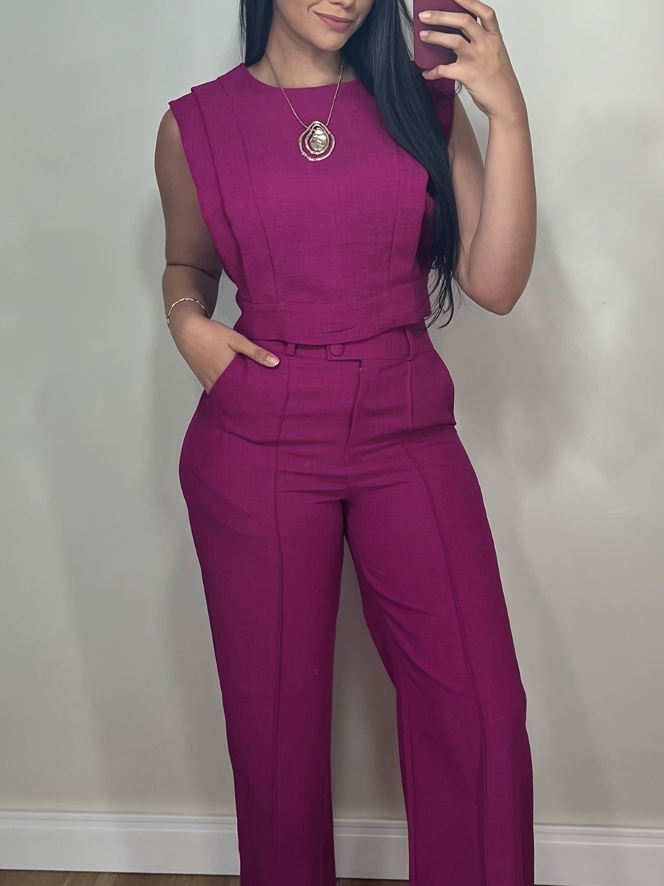 [Casual Top Set] 2pcs Crop Top And Straight Pants Set | Round Neck Cap Sleeve Casual Pocket Design