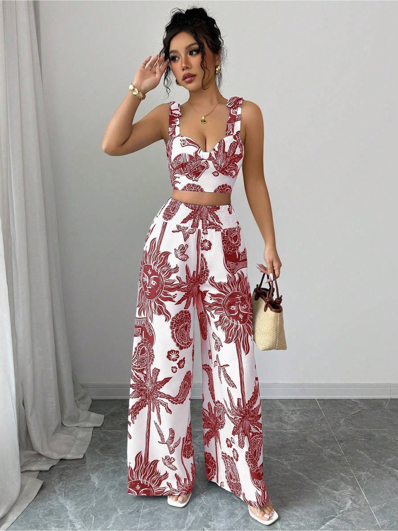 Digital Printing Random Printing Vest Wide Leg Pants Two-Piece Set