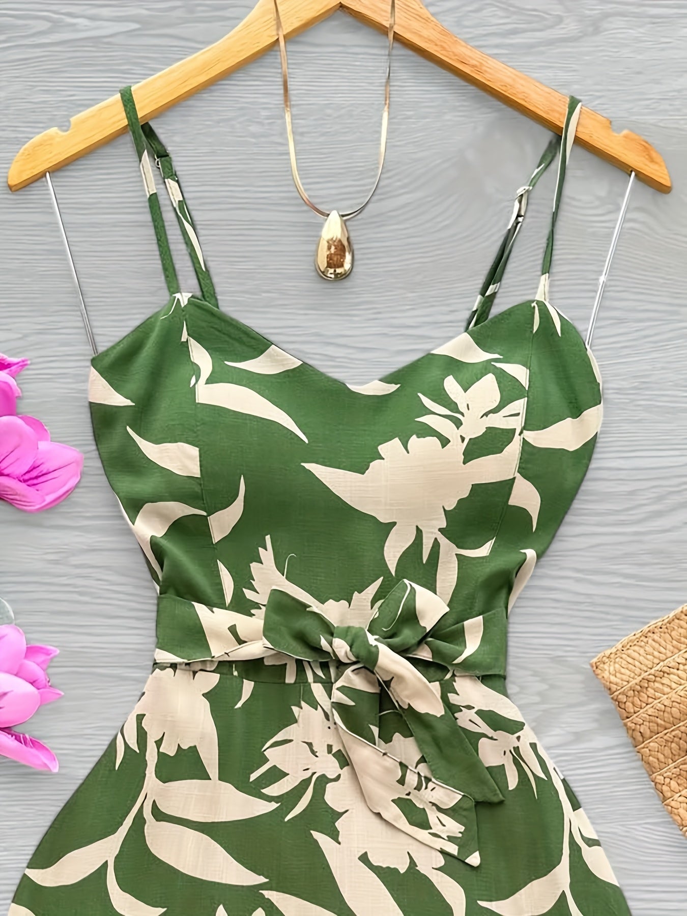 [Floral Maxi Dress] Lightweight Polyester Elegant Green & White Floral Print Sleeveless Maxi Dress with Tie Waist | Ruffled Hem, Perfect for Spring/Summer, Adult Women's Fashion
