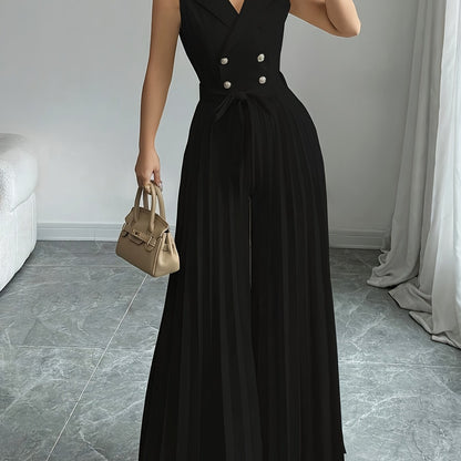 [Elegant Jumpsuit] Sleeveless Elegant Apricot Double-Breasted Pleated Jumpsuit for Women | High-Waisted, Polyester Blend, Perfect for Spring & Fall, Adult Size