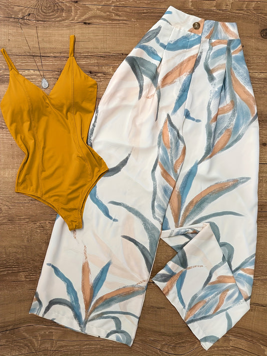 Orange Jumpsuit + Plant Print Pants Set