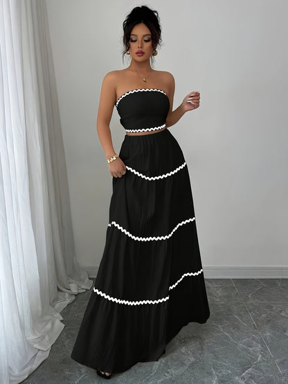 23246-0 Women'S Black and White Striped Maxi Skirt Set - Sleeveless, Tie-Back Detail, Casual Style, All-Season Wear, Casual Attire|Striped Skirt|Polyester Fabric
