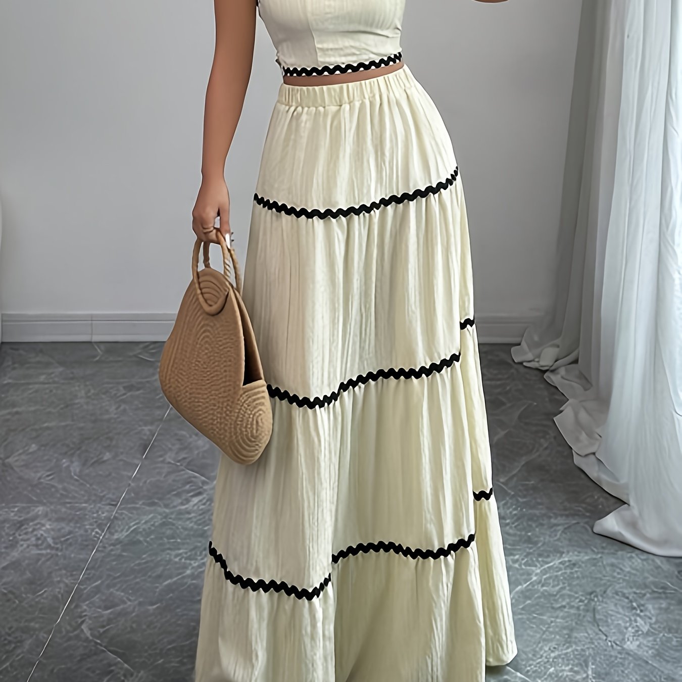 23246-0 Women'S Black and White Striped Maxi Skirt Set - Sleeveless, Tie-Back Detail, Casual Style, All-Season Wear, Casual Attire|Striped Skirt|Polyester Fabric