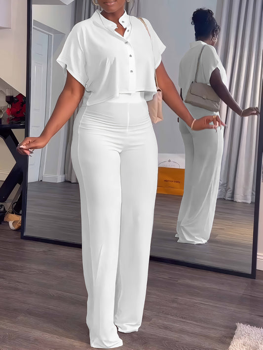[Summer|Casual] 2pcs Women's Summer Casual | Short Sleeve Button Crop Top Wide Leg Long Pant Lounge Sets