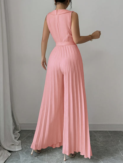 [Elegant Jumpsuit] Sleeveless Elegant Apricot Double-Breasted Pleated Jumpsuit for Women | High-Waisted, Polyester Blend, Perfect for Spring & Fall, Adult Size
