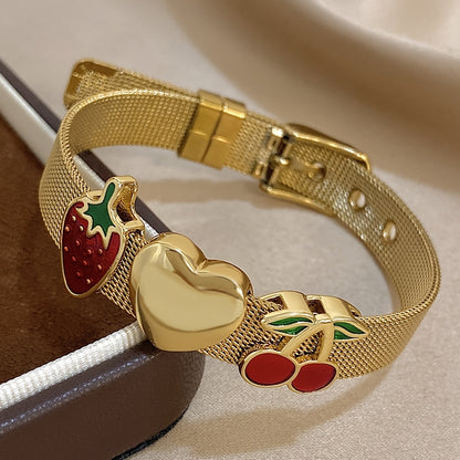 1pc Stainless Steel Vintage-Style Golden & Silvery Enamel Strawberry & Cherry Bracelet for Women, Men, - Exaggerated Statement Bangles, Perfect for Daily Wear, Parties, and Gifts, Cute Bracelet