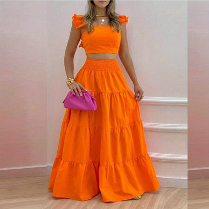 2025 Spring New European and American Commuting Mid-Waist Sexy Suspenders Large Swing Skirt Fashion Suit Women's Two-Piece Set