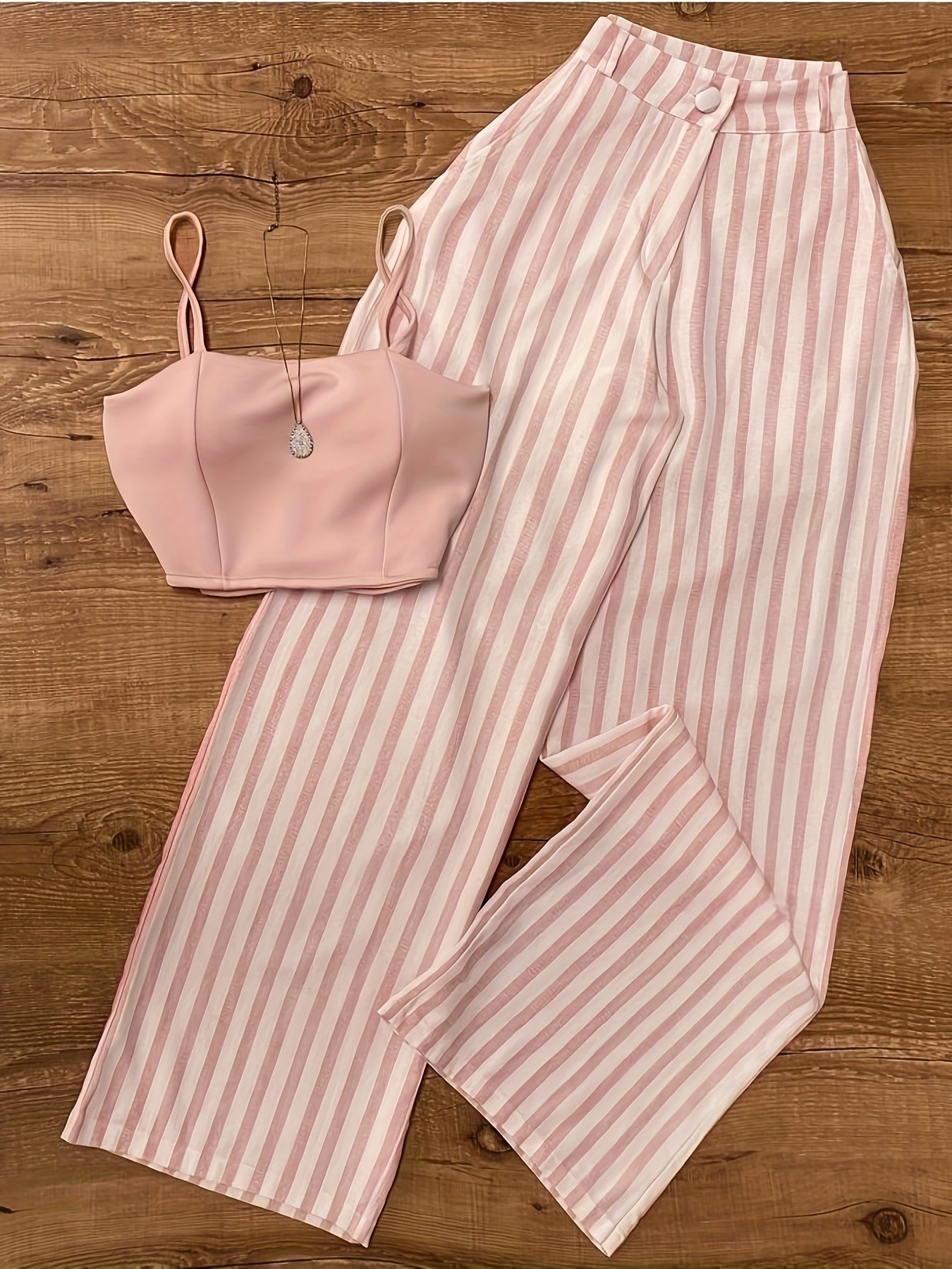 Women's Premium Pink Slimming Suspenders + Vertical Stripe Wide Leg Pants, Visual Lengthening and Slimming, Versatile and Comfortable