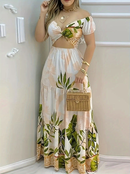 Women'S Sexy Off-Shoulder Party dress - Floral print in Beige/White/ Green/, A-Line Formal & casual event gown for Beach, Nightclub, Everyday Outfits - Elegant Evening Dress, Beach Dresses, Nightclub Attire, Crossback Straps,