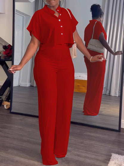 [Summer|Casual] 2pcs Women's Summer Casual | Short Sleeve Button Crop Top Wide Leg Long Pant Lounge Sets
