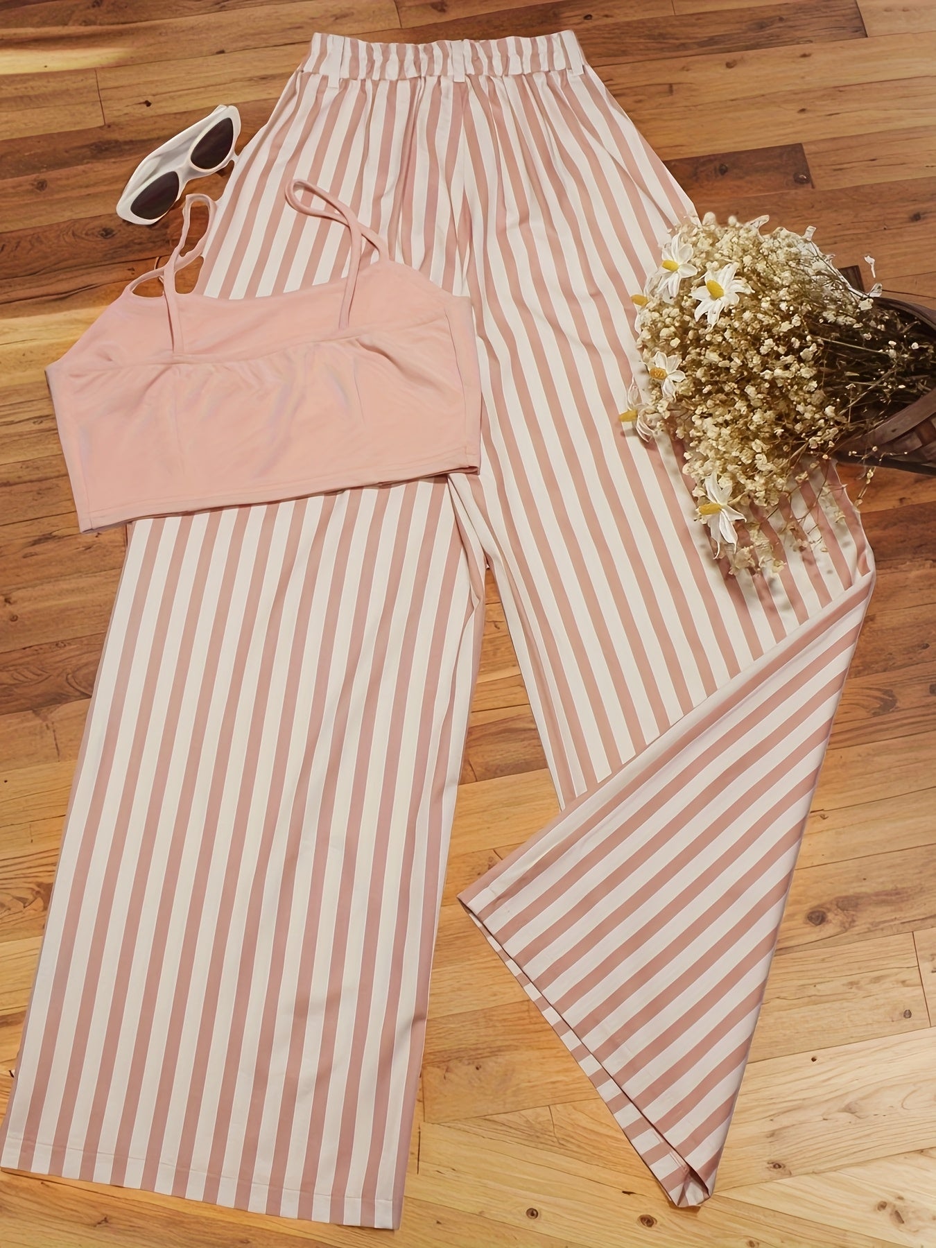 Women's Premium Pink Slimming Suspenders + Vertical Stripe Wide Leg Pants, Visual Lengthening and Slimming, Versatile and Comfortable