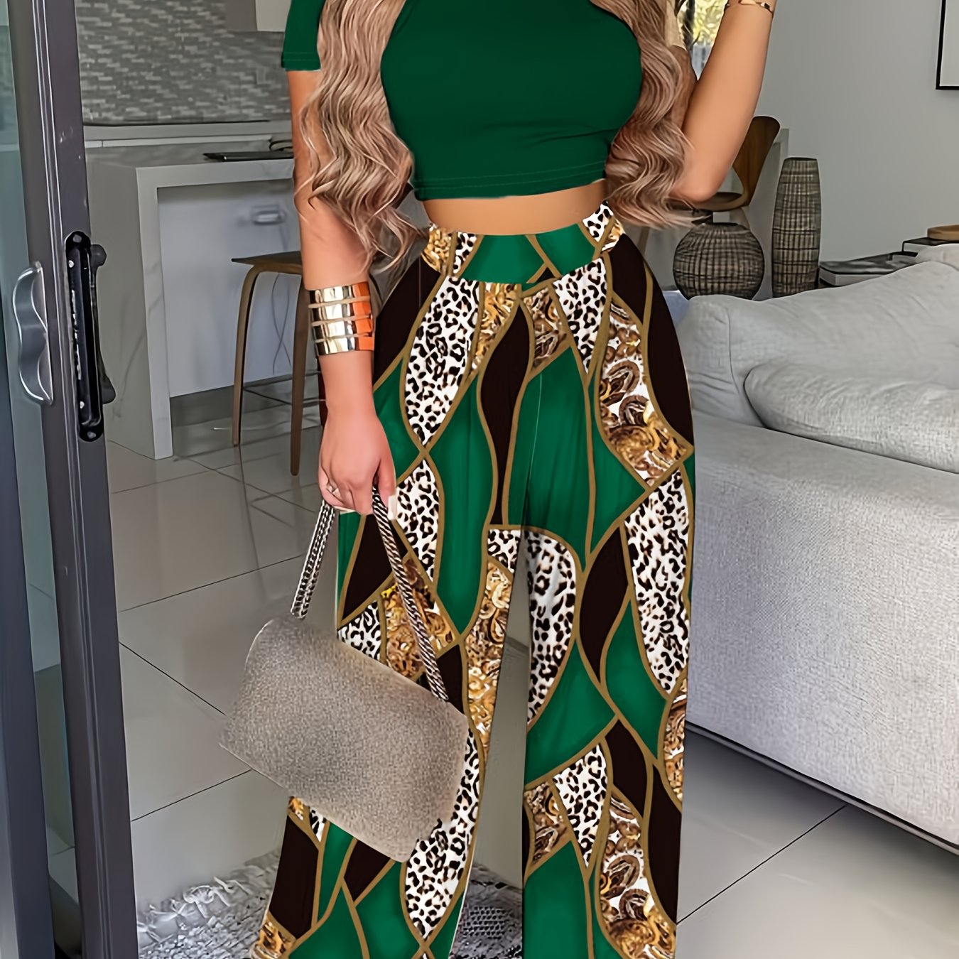 Summer Round Neck Petal Sleeve Vest Trousers Two-Piece Leopard Print Shirt Suit Women