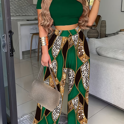Summer Round Neck Petal Sleeve Vest Trousers Two-Piece Leopard Print Shirt Suit Women