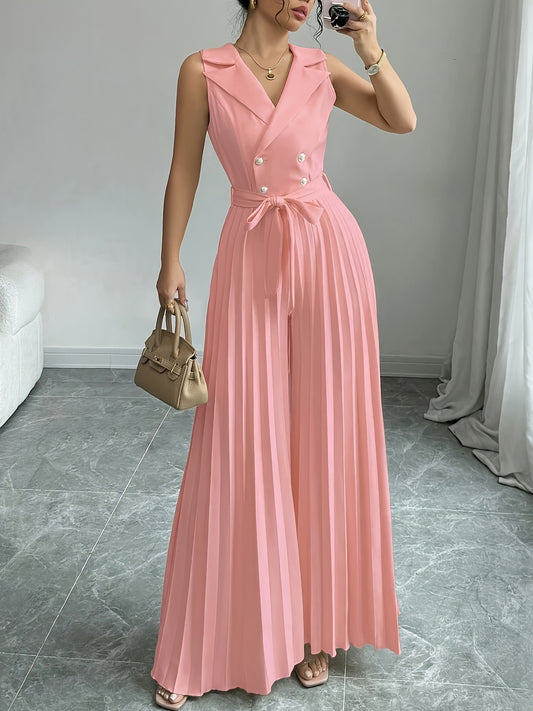 [Elegant Jumpsuit] Sleeveless Elegant Apricot Double-Breasted Pleated Jumpsuit for Women | High-Waisted, Polyester Blend, Perfect for Spring & Fall, Adult Size