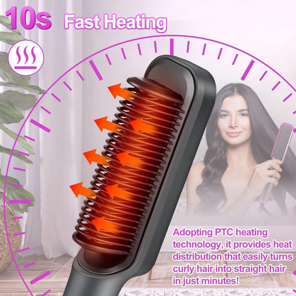 [10s Fast Hair Straightener] Fast 10s Hair Straightener Brush | LCD Display, Negative Ions, 5 Temps, Anti-Scald, Quilted Grip Design | Pink & Purple Accents, Sleek Black Finish