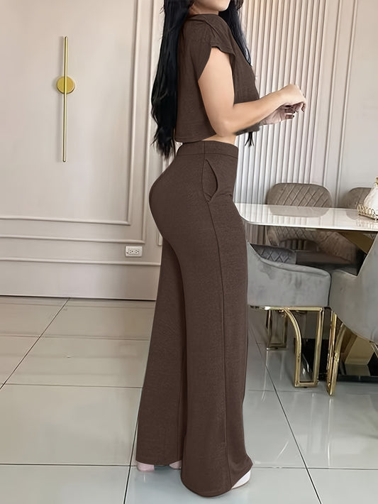 Ladies Spring/Summer Solid Color Casual Elegant Pocket Two-piece Set